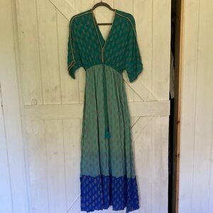 Boston Proper Teal and Blue Maxi Dress with gold beading